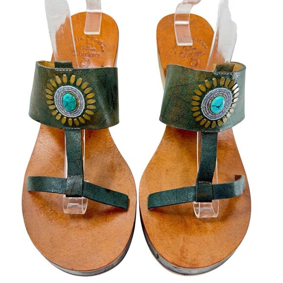 Calleen Cordero T Strap Platform Wedge‎ Wood Sandals Turquoise Concho Size 10 - Picture 2 of 10